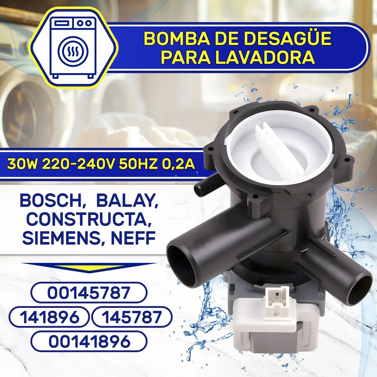 Bomba de Desagüe Lavadora 30W 220-240V 50HZ 0,2A con Número Original 141896 00141896 145787 00145787 para Bosch para Siemens - Garantía de 10 Años - MONTERAL