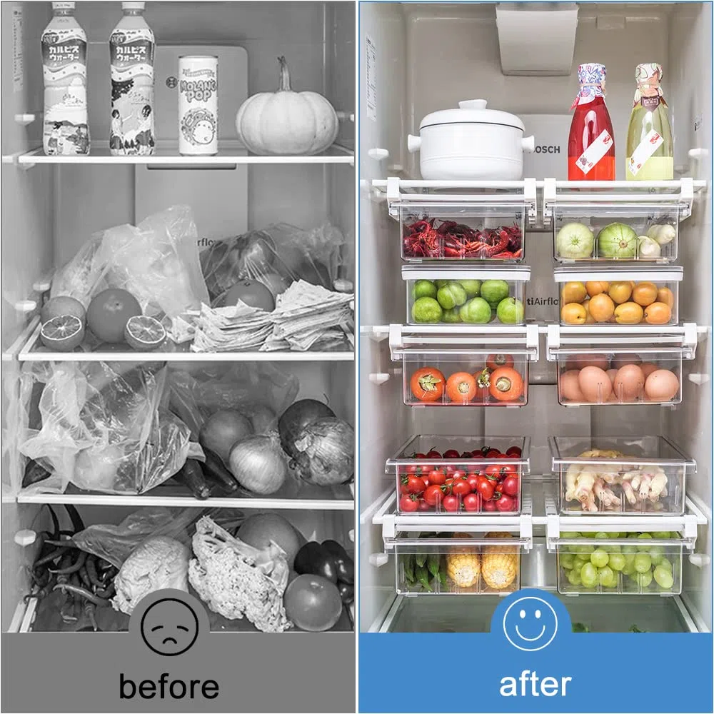 QINERSAW Cajones Extraíbles para Nevera, Contenedor Retráctil para Refrigerador Que Ahorra Espacio 30 * 20 * 9.5 Cm Organizador para Huevos/Frutas/Verduras