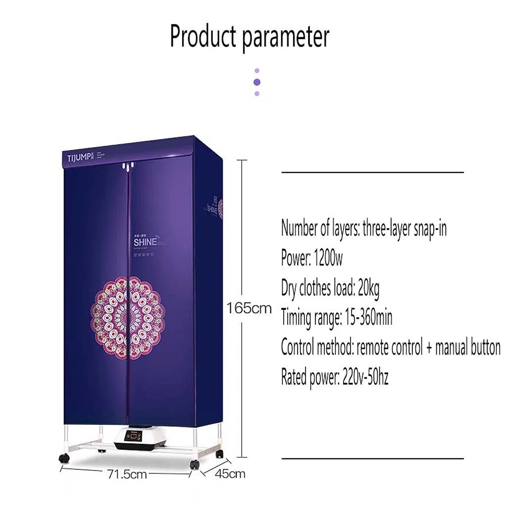Secadora de ropa eléctrica doméstica con control remoto inteligente 1200W Gran capacidad 20kg Acero inoxidable de doble capa Ahorro de energía Interior Lavado húmedo Secado con aire caliente Armario