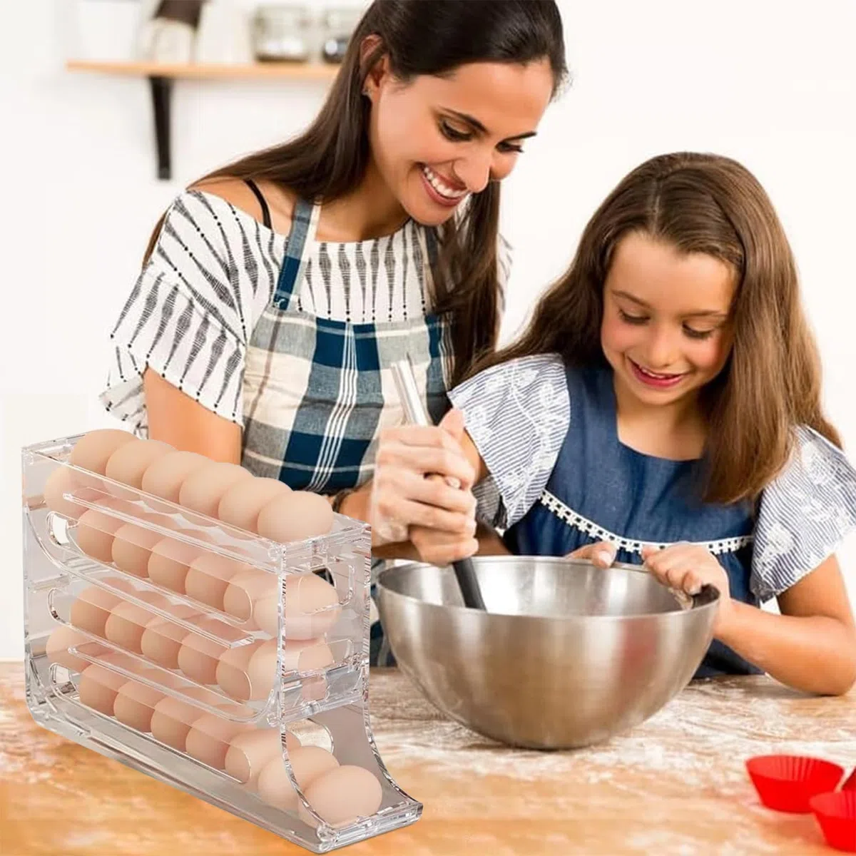 Huevera Nevera Automática para 30 Huevos - Organizador de Huevos con Dispensador 4 Niveles - Compacto para Frigorífico o Encimera - Material PP Transparente