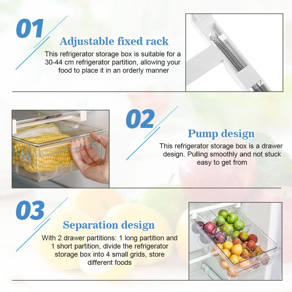 QINERSAW Cajones Extraíbles para Nevera, Contenedor Retráctil para Refrigerador Que Ahorra Espacio 30 * 20 * 9.5 Cm Organizador para Huevos/Frutas/Verduras