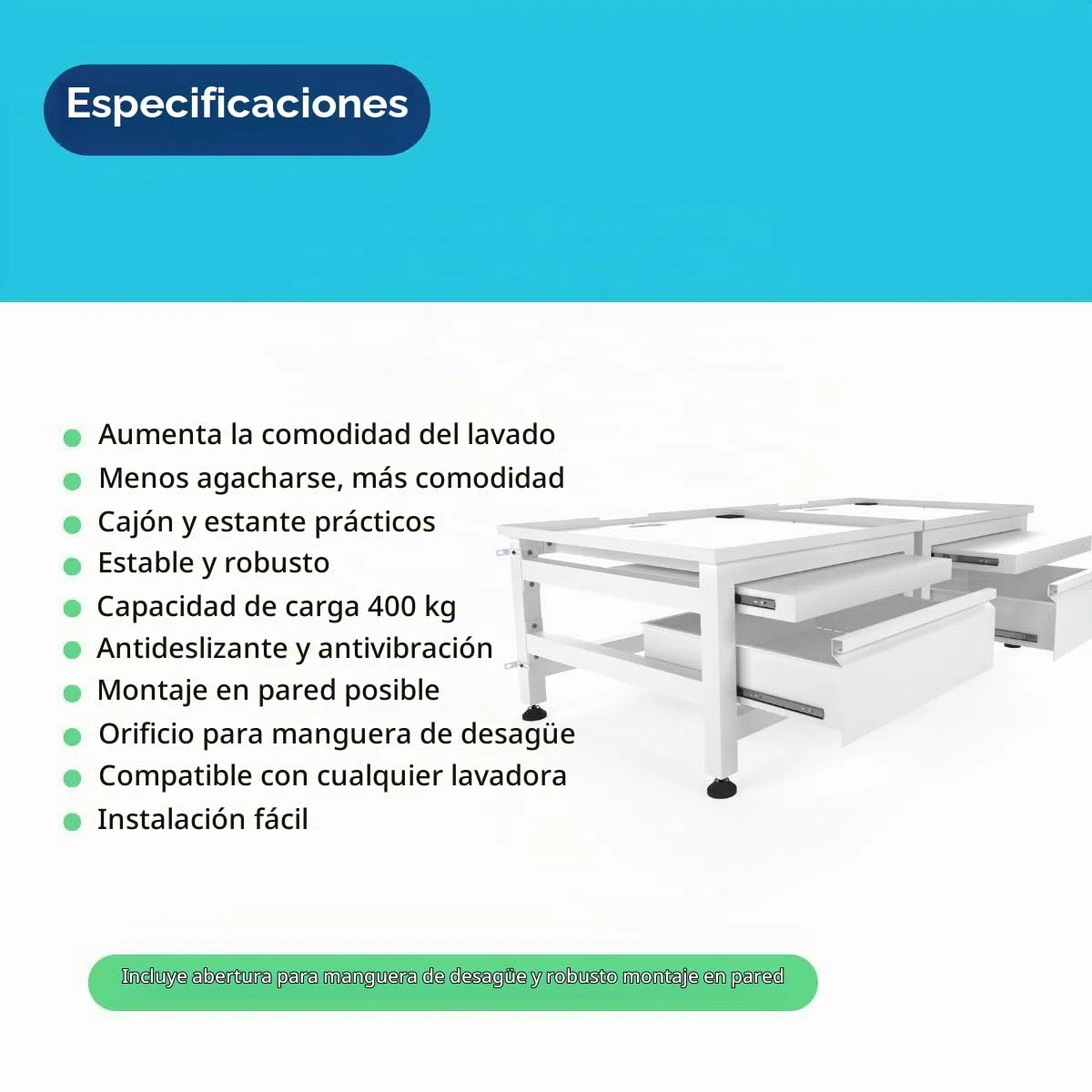 Soporte doble para lavadora con cajón y estante, armario para lavadora, pedestal para lavadora, blanco, universal, 65 x 60,5 cm (largo x ancho), incluye fijaciones de pared