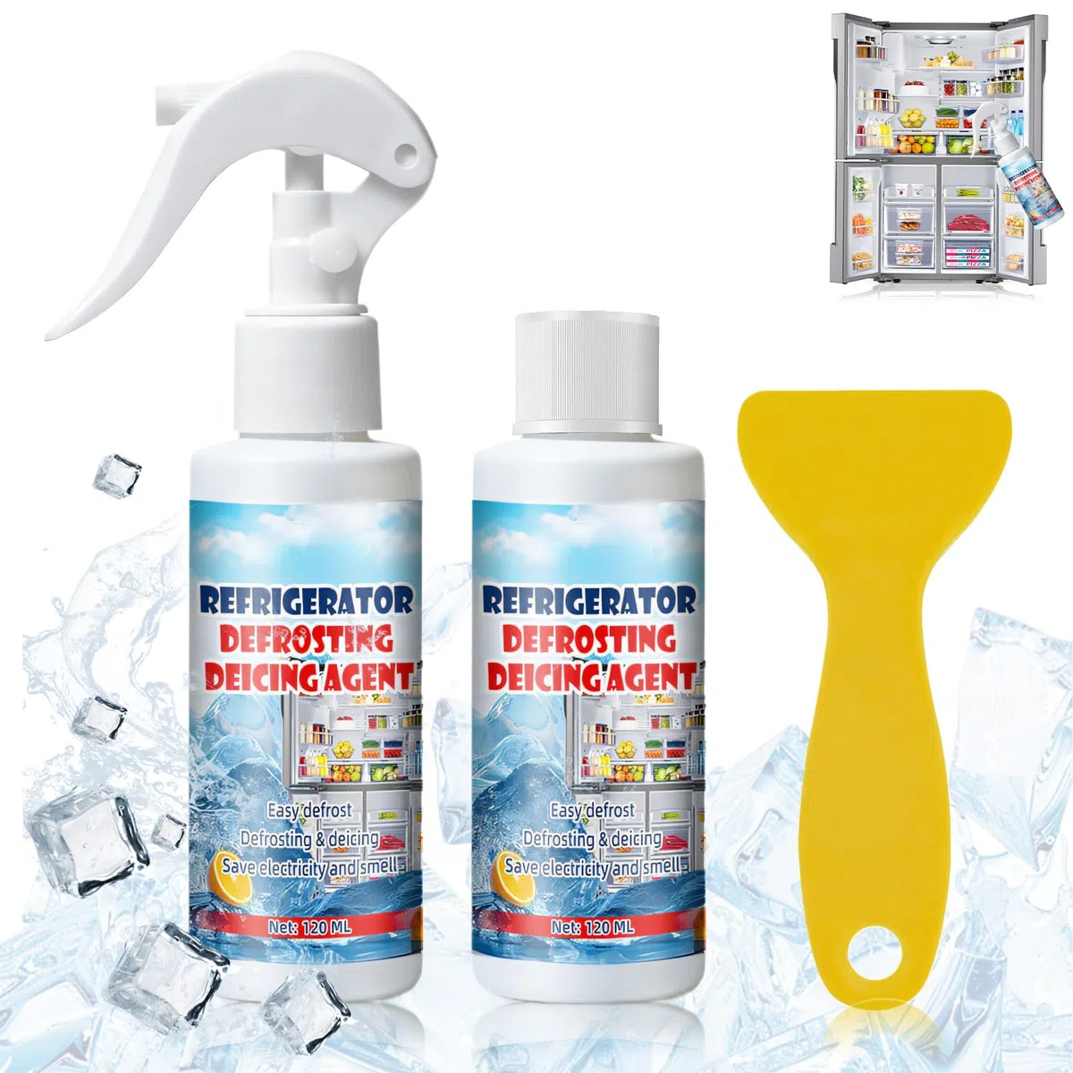 Spray Descongelador para Congelador para Refrigeradores 120ml*2, Spray Descongelador para Frigoríficos, Removedor de Capa de Hielo, Incluye una Rasqueta Especial y una Toalla Absorbente