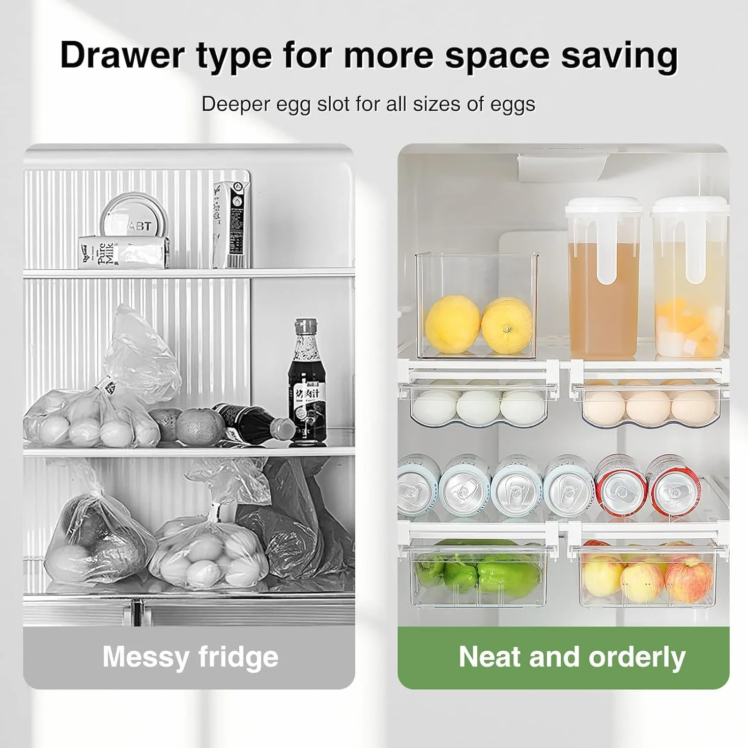 Cajones para huevos, organizador de huevos extraíble para frigorífico, cajas de almacenamiento de huevos extensibles con riel deslizante y asa, caja de almacenamiento para frigorífico, congelador
