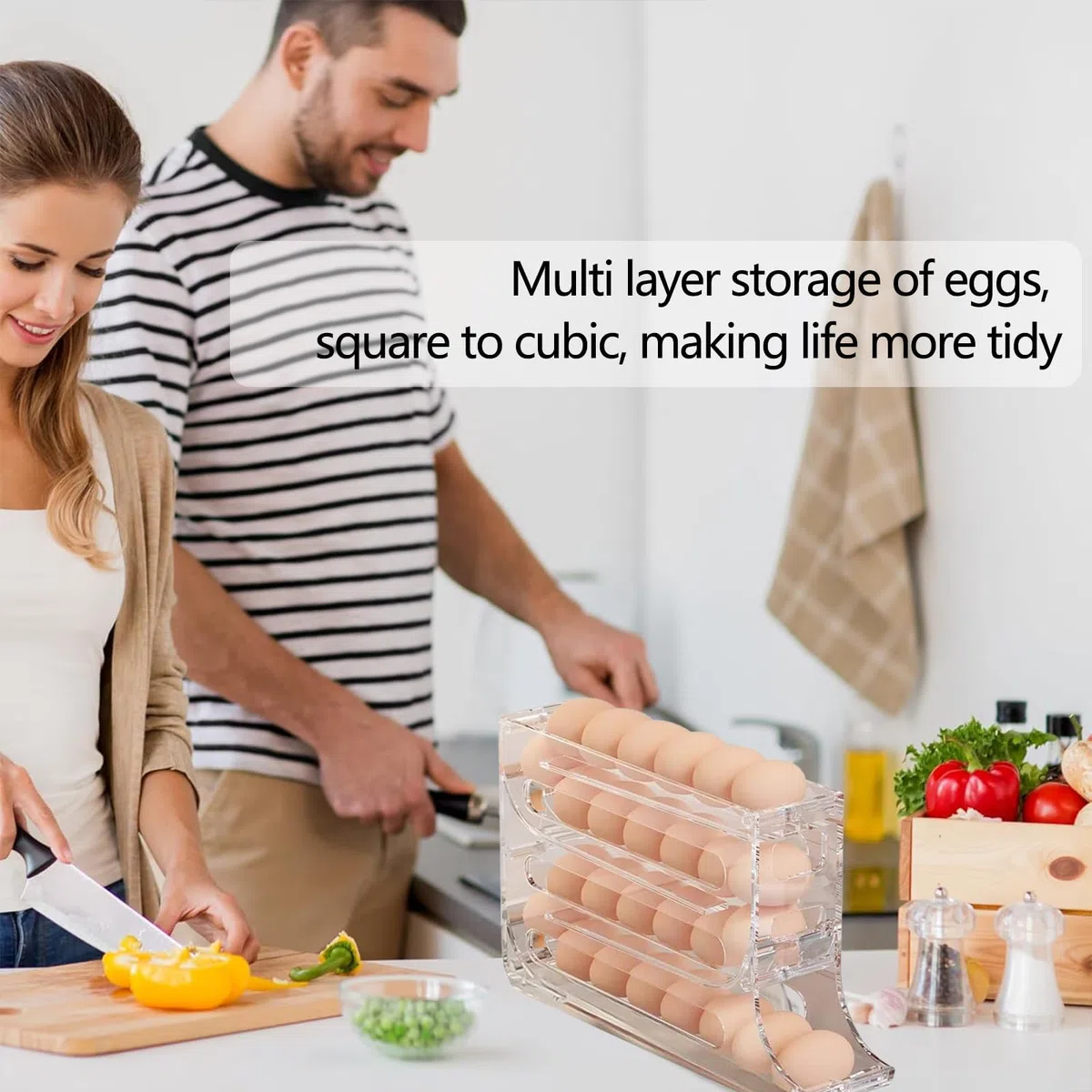 Huevera Nevera Automática para 30 Huevos - Organizador de Huevos con Dispensador 4 Niveles - Compacto para Frigorífico o Encimera - Material PP Transparente
