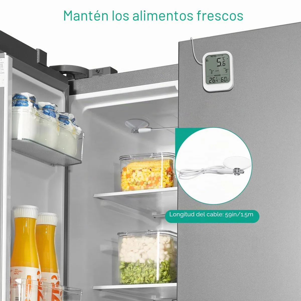 ORIA Termómetro Digital para Refrigerador, Termómetro para Congelador con Sonda Impermeable, Pantalla LCD, Alarma de Temperatura, Valor Mínimo/Máx para Refrigerador, Congelador y Acuario