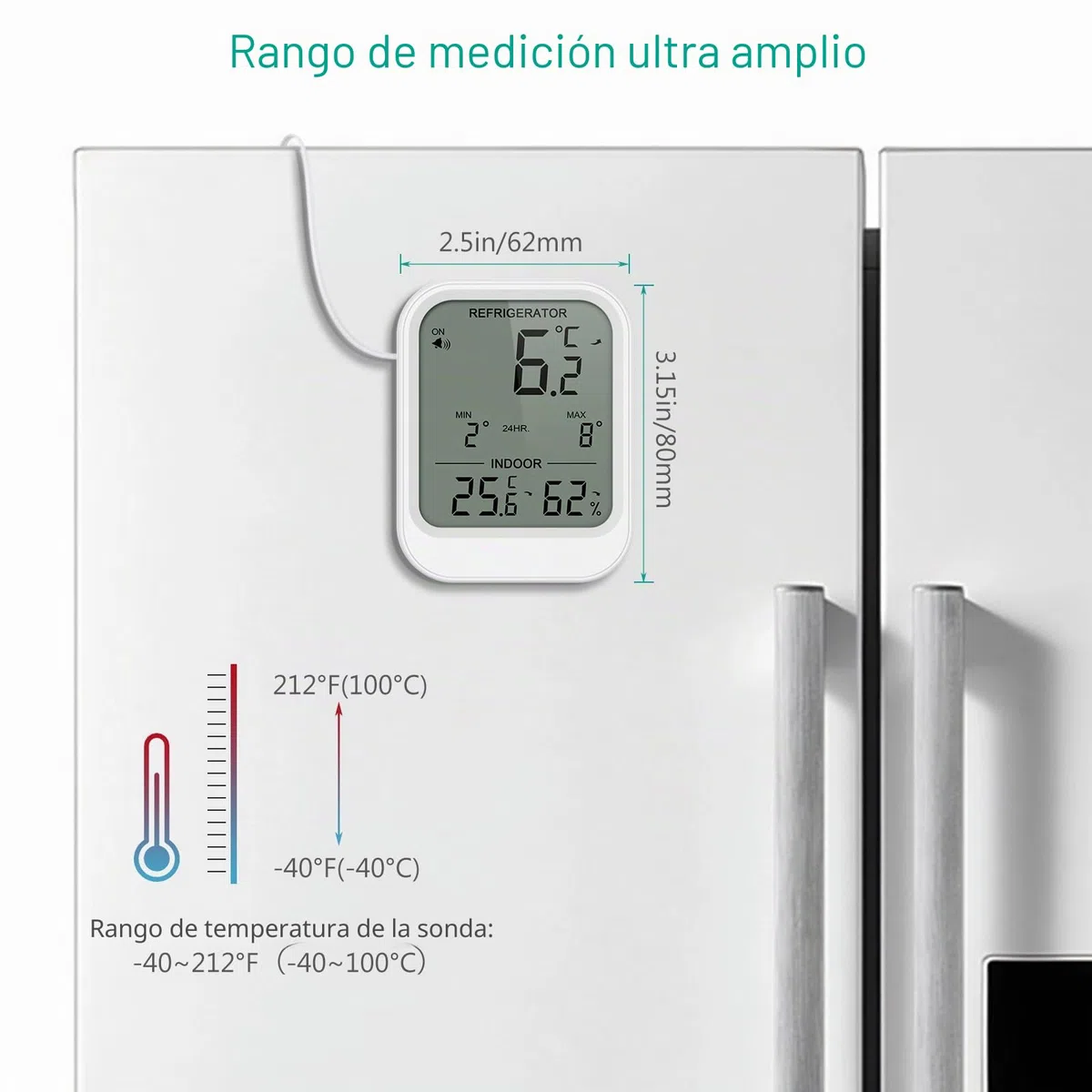 ORIA Termómetro Digital para Refrigerador, Termómetro para Congelador con Sonda Impermeable, Pantalla LCD, Alarma de Temperatura, Valor Mínimo/Máx para Refrigerador, Congelador y Acuario