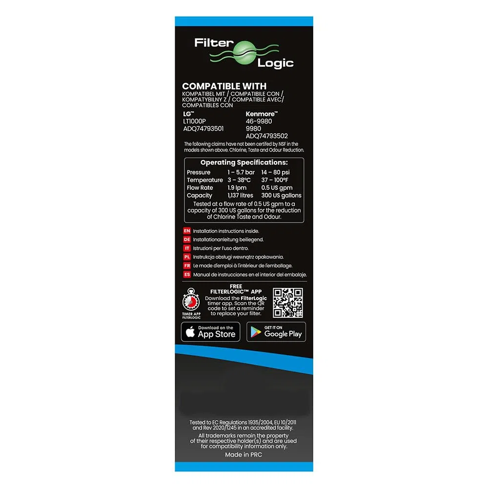 FilterLogic FFL-156L | 1x Filtro de agua para frigorífico compatible con el filtro LG LT1000P ADQ747935 ADQ74793501