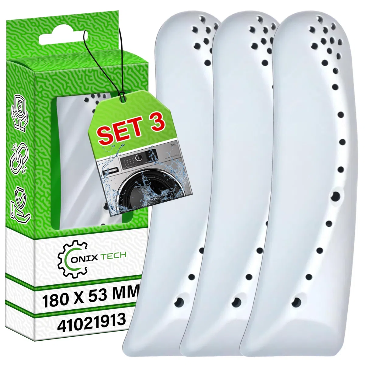 3 Piezas Aleta de Tambor de Lavadora 180x53 mm con Código Original 41021913 para Candy para Hoover - Garantía de 5 Años - ONIX TECH