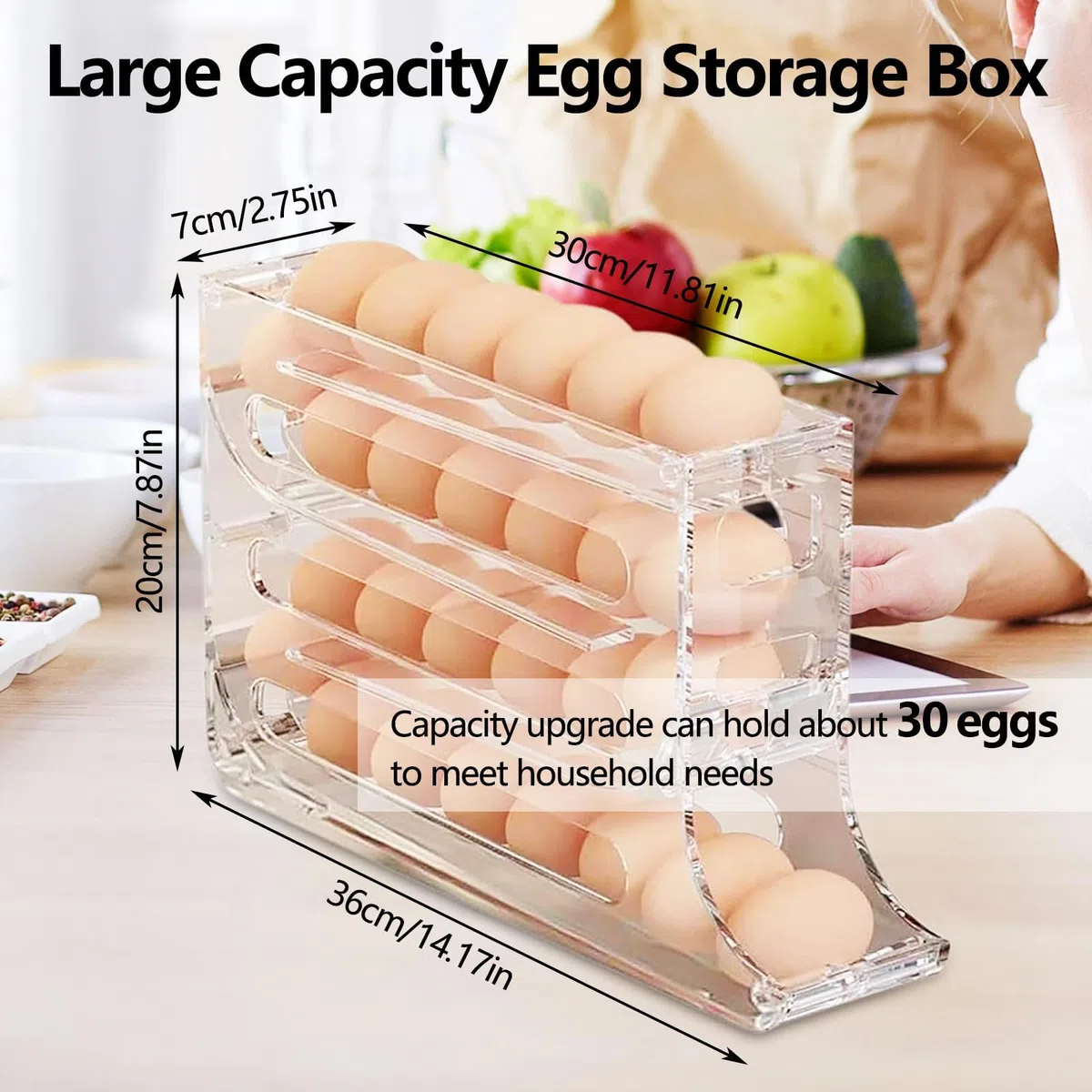 Huevera Nevera Automática para 30 Huevos - Organizador de Huevos con Dispensador 4 Niveles - Compacto para Frigorífico o Encimera - Material PP Transparente