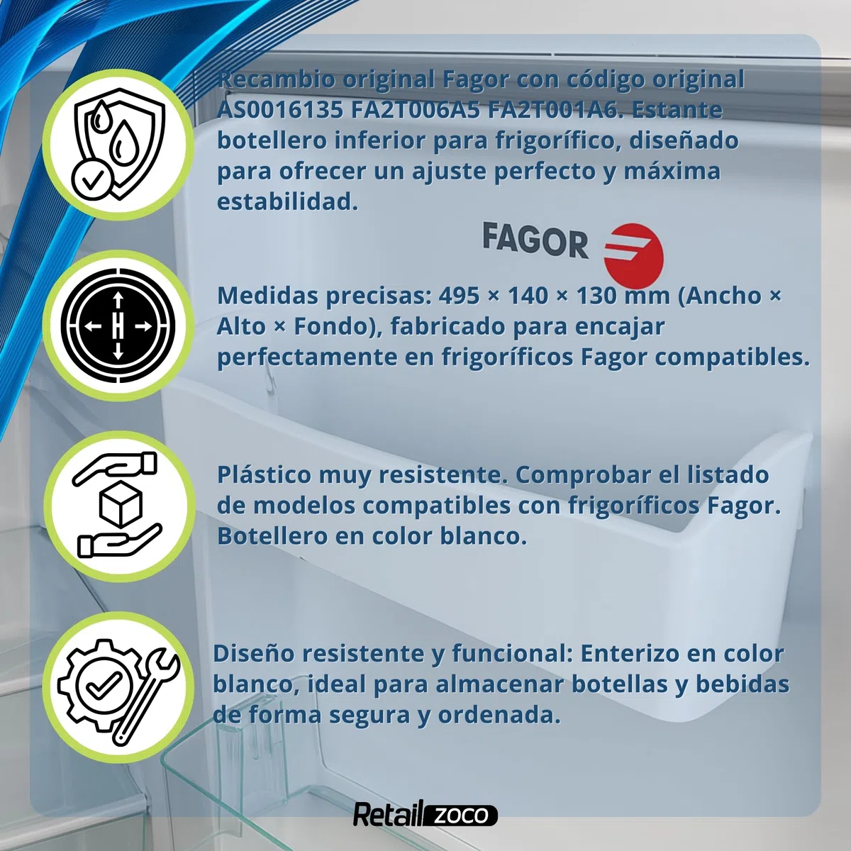 Estante Botellero Frigorífico compatible con Fagor, Botellero inferior para la nevera, código original AS0016135 FA2T006A5 FA2T001A6, compatible con 2FC-48EV, 3FC-41PEV, FC18NFA, FC-67NFX, FC67NFX