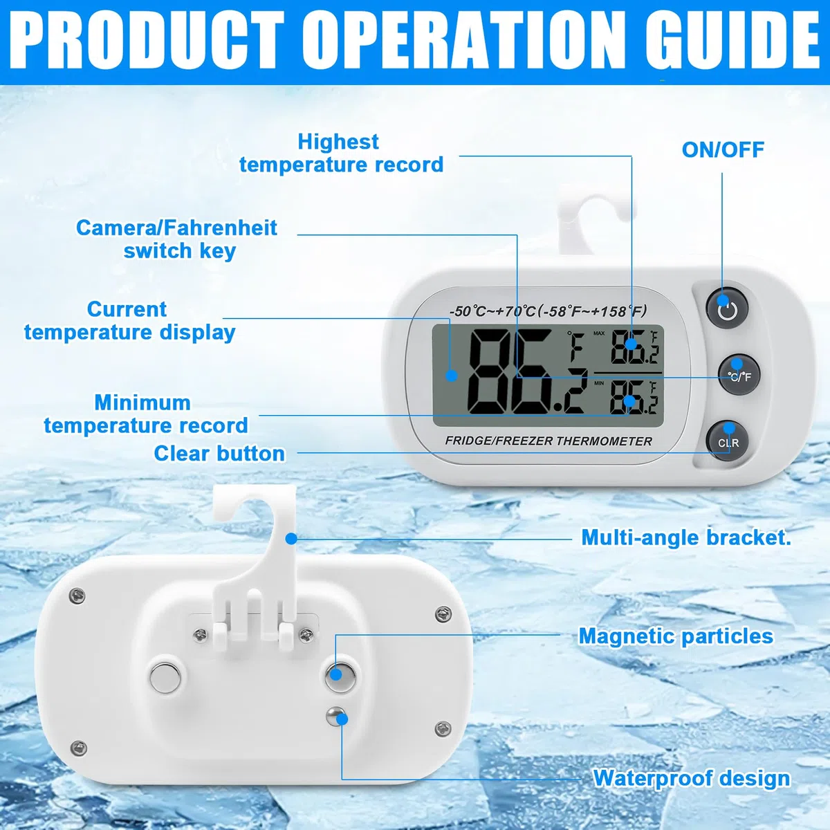 Termómetro para frigorífico: 6 piezas Mini Digital Termómetro para Congelador con Gancho, Termómetro para Frigorífico Resistente al Agua con Gancho y Imán, Termómetro de Cocina Interior con