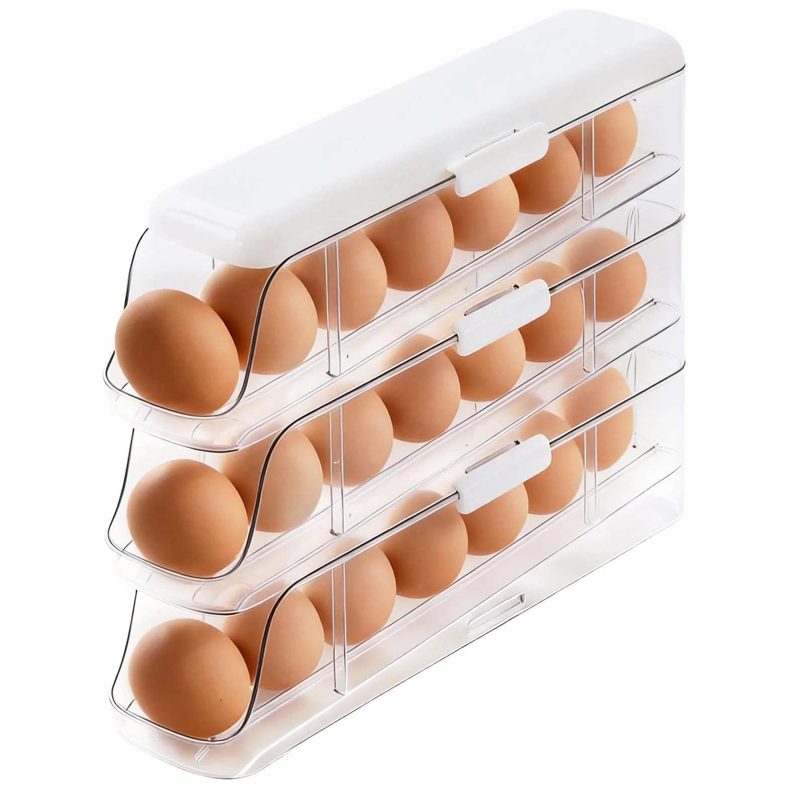PAVSTINE Organizador de Huevos para Nevera Desmontable Capacidad para 21 Huevo, 3 Pisos con Tapa Rodillos Automáticos Hueveras, Transparente Dispensador de Huevos para Nevera en PET