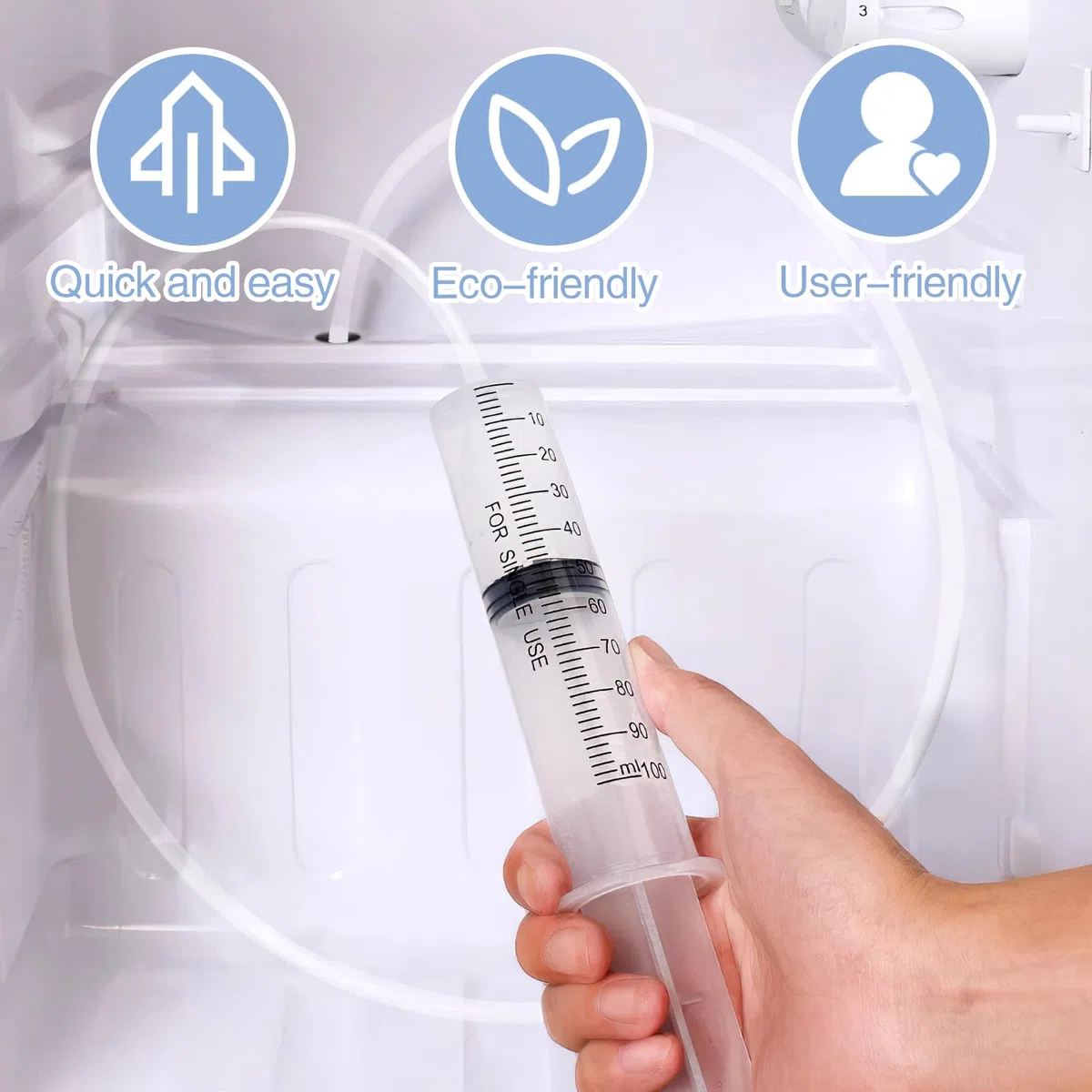 12 Piezas Kit de Limpieza de Refrigerador, Herramientas de Limpieza Frigorífico con Jeringa, Cepillo Limpieza, Manguera, Pala de Descongelación, 4 Tapones para Orificios de Drenaje de Nevera