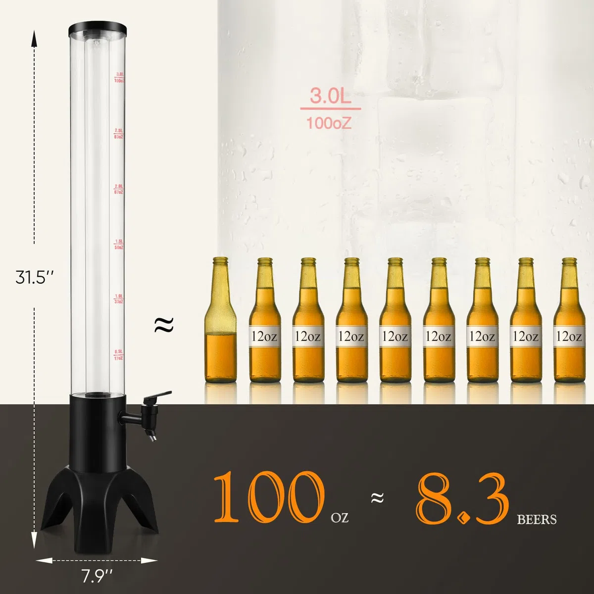 Mimosa Tower, dispensador de torre Mimosa de 3 L/100 onzas con tubo de hielo y luz LED, dispensador de cerveza de mesa (3 unidades)
