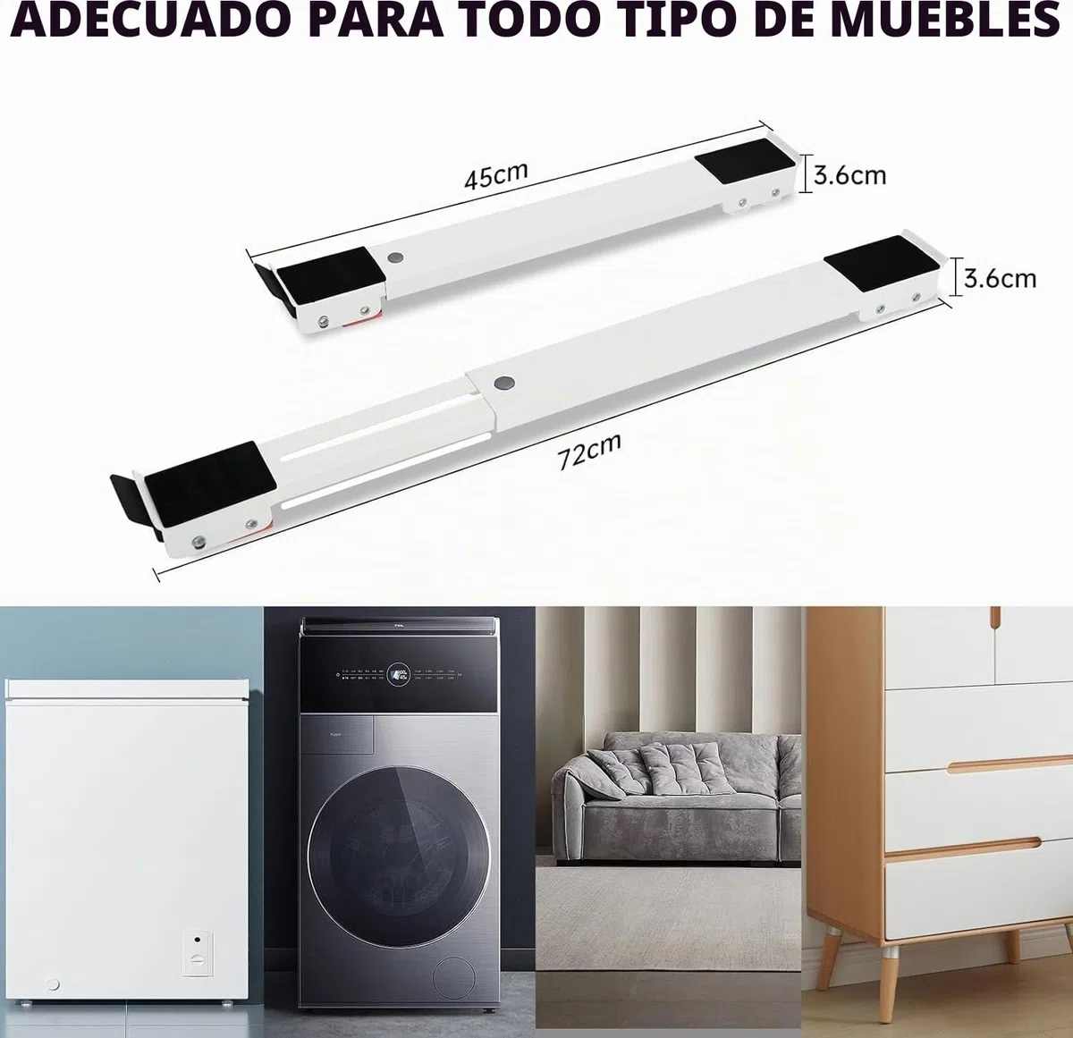 Soporte Lavadora 2 Piezas, Ruedas para Muebles Carga Hasta 300kg, Base con Ruedas Longitud Ajustable 45-72 cm, Ideal Como Ruedas para Mover Muebles, Mueble Lavadora o Secadora