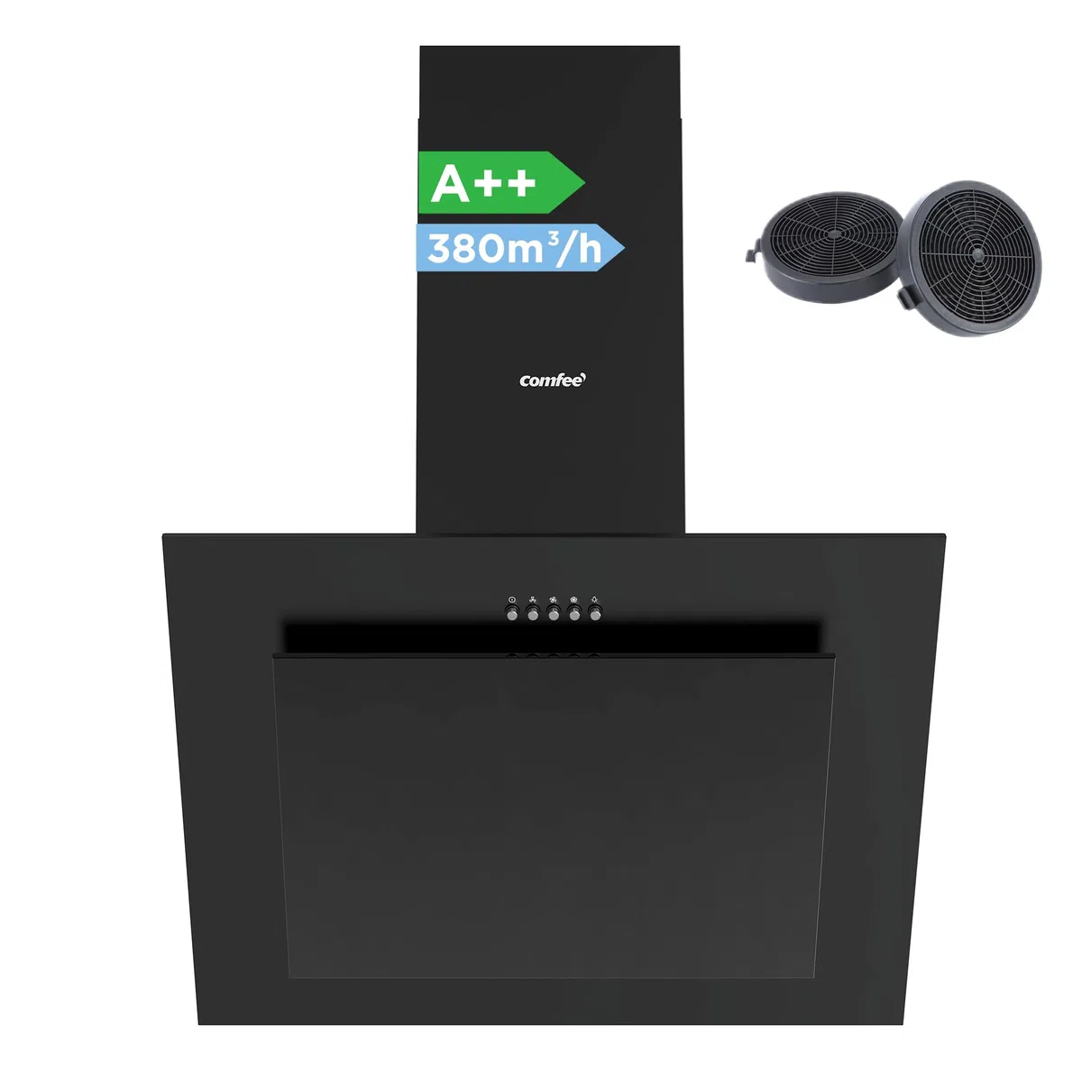 COMFEE ' CH60J78EM4A2B campana extractora 60 cm A++, campana sin cabeza de 60 cm de convección y aire de escape, 380 m³/h, flujo de aire, LED, campana extractora con filtro de carbón activado, negro
