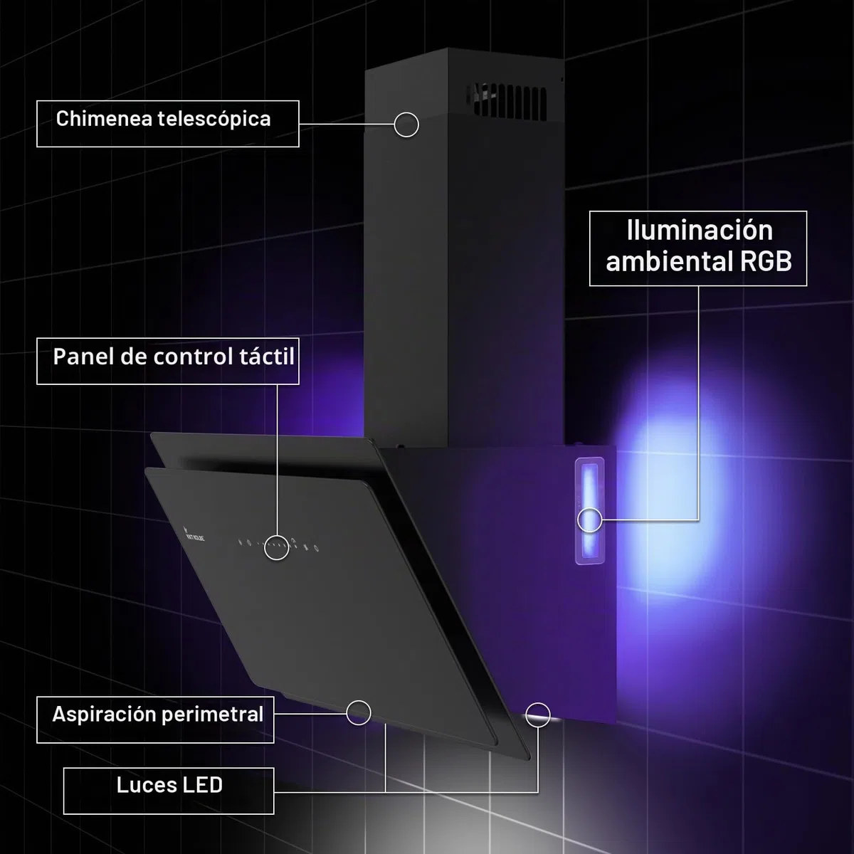 KKT KOLBE A+++ Campana extractora de 80 cm 782 cbm/h, recirculación, sin cabeza, campana de pared | cristal negro | automático | aplicación WiFi inteligente | SensorTouch | iluminación LED RGBW |