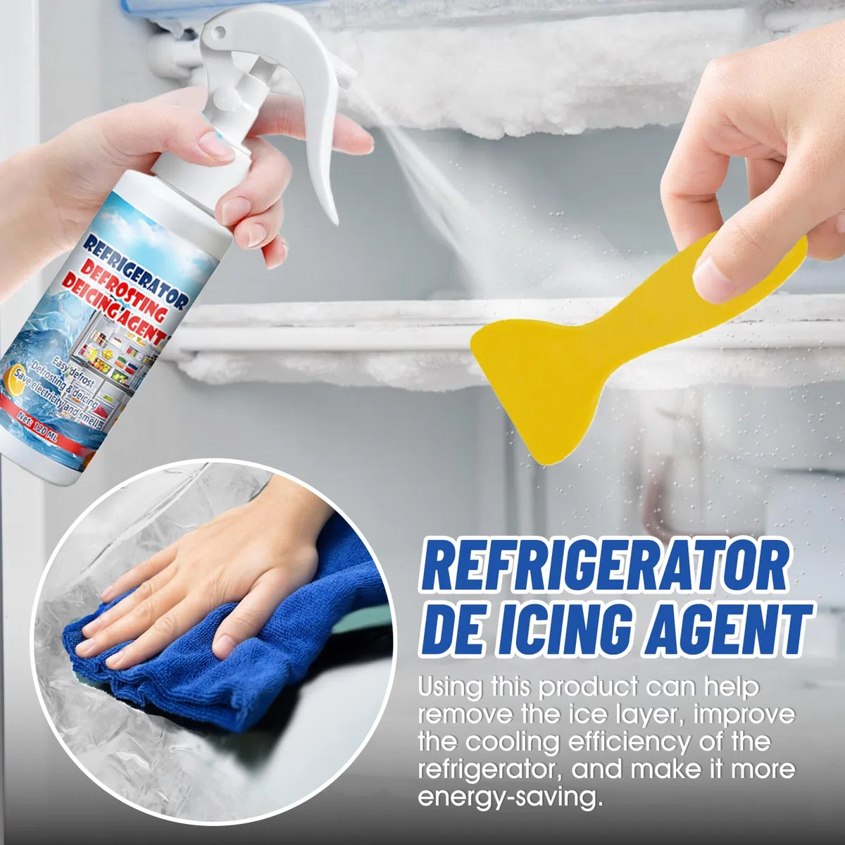 Spray Descongelador para Congelador para Refrigeradores 120ml*2, Spray Descongelador para Frigoríficos, Removedor de Capa de Hielo, Incluye una Rasqueta Especial y una Toalla Absorbente