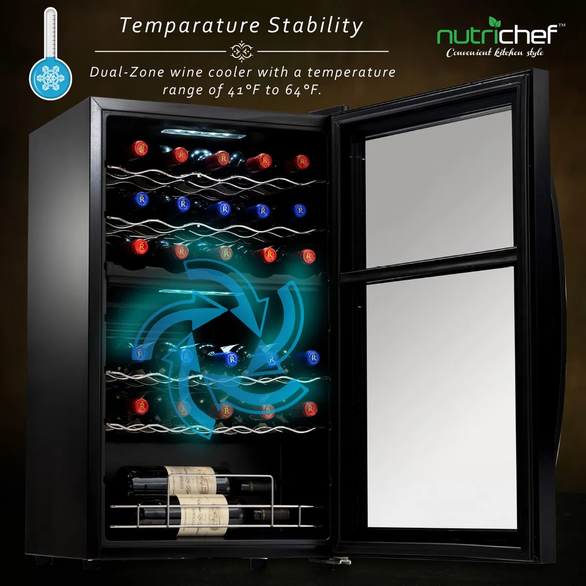 NutriChef PKCWCDS335 - Sistema de refrigeración para nevera, gran nevera para bodega de vino no empotrado para champaña rojo y blanco o espumoso, puerta de vidrio, 33 botellas, doble zona-negro