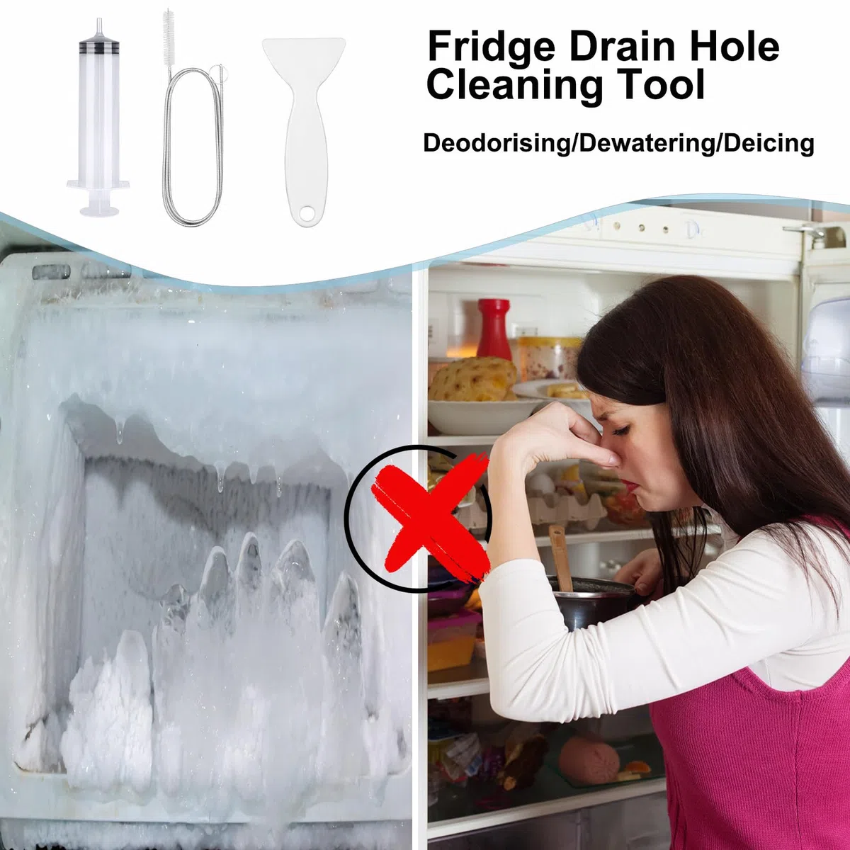 11 Piezas Herramienta de Limpieza de Drenaje de Refrigerador, Kit de Limpieza de Refrigerador, Kit de Limpieza de Nevera con Jeringa, Manguera, Pala de Descongelación, Tapones