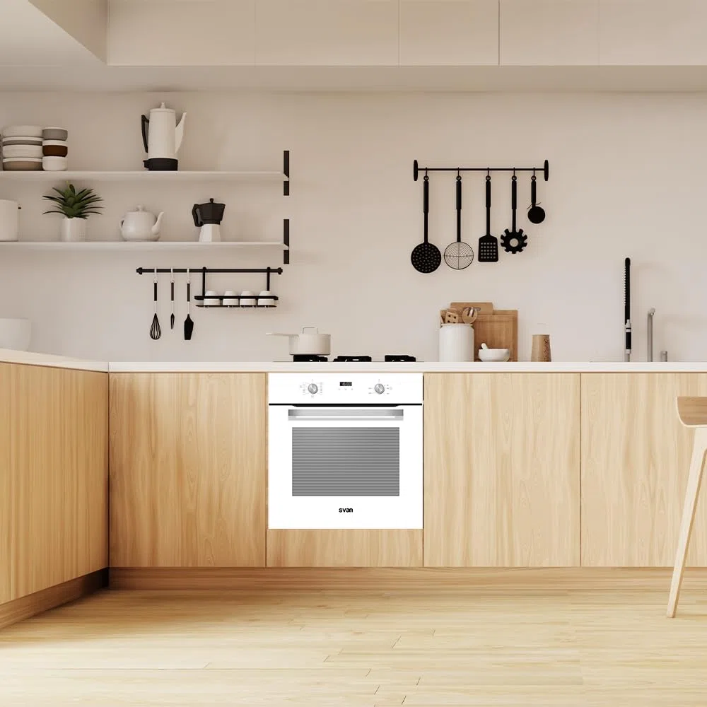 Svan Horno Multifunción Con Ventilador Cristal blanco SHM8700DCB. Capacidad 70 Litros, 3000 W, 8 Programas, Interior Esmaltado, Fácil Limpieza, Display LED Manual, Eficiencia Energética Clase A