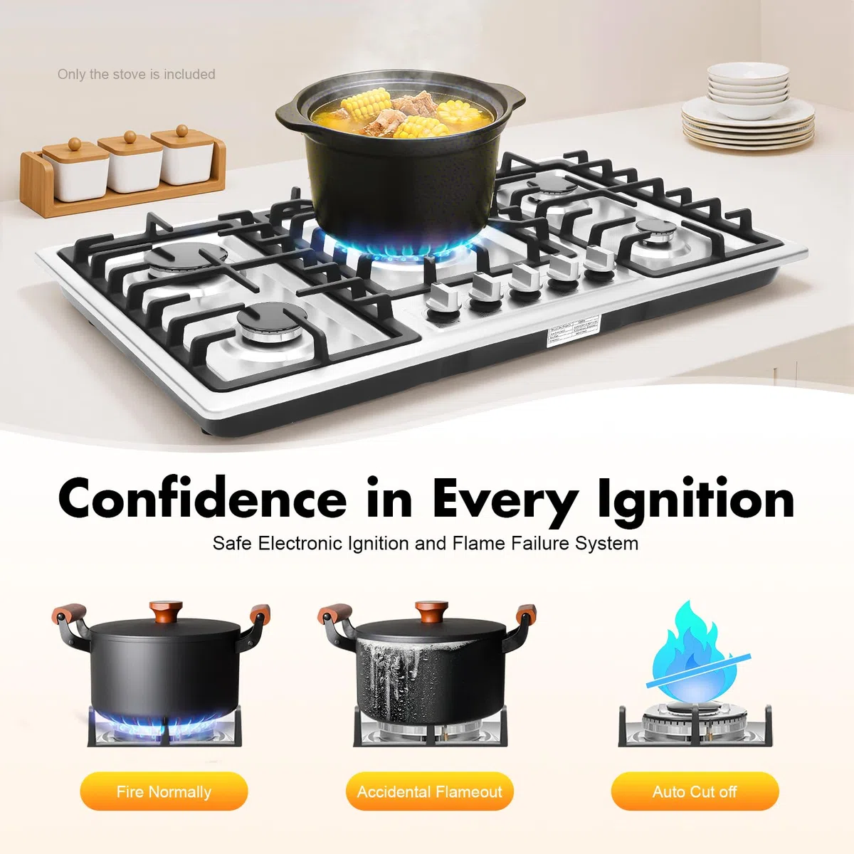 Cocina de gas de 5 fuegos, acero inoxidable con protección automática de llama, gas natural y gas propano, 86 cm empotrable o independiente, 10550 W
