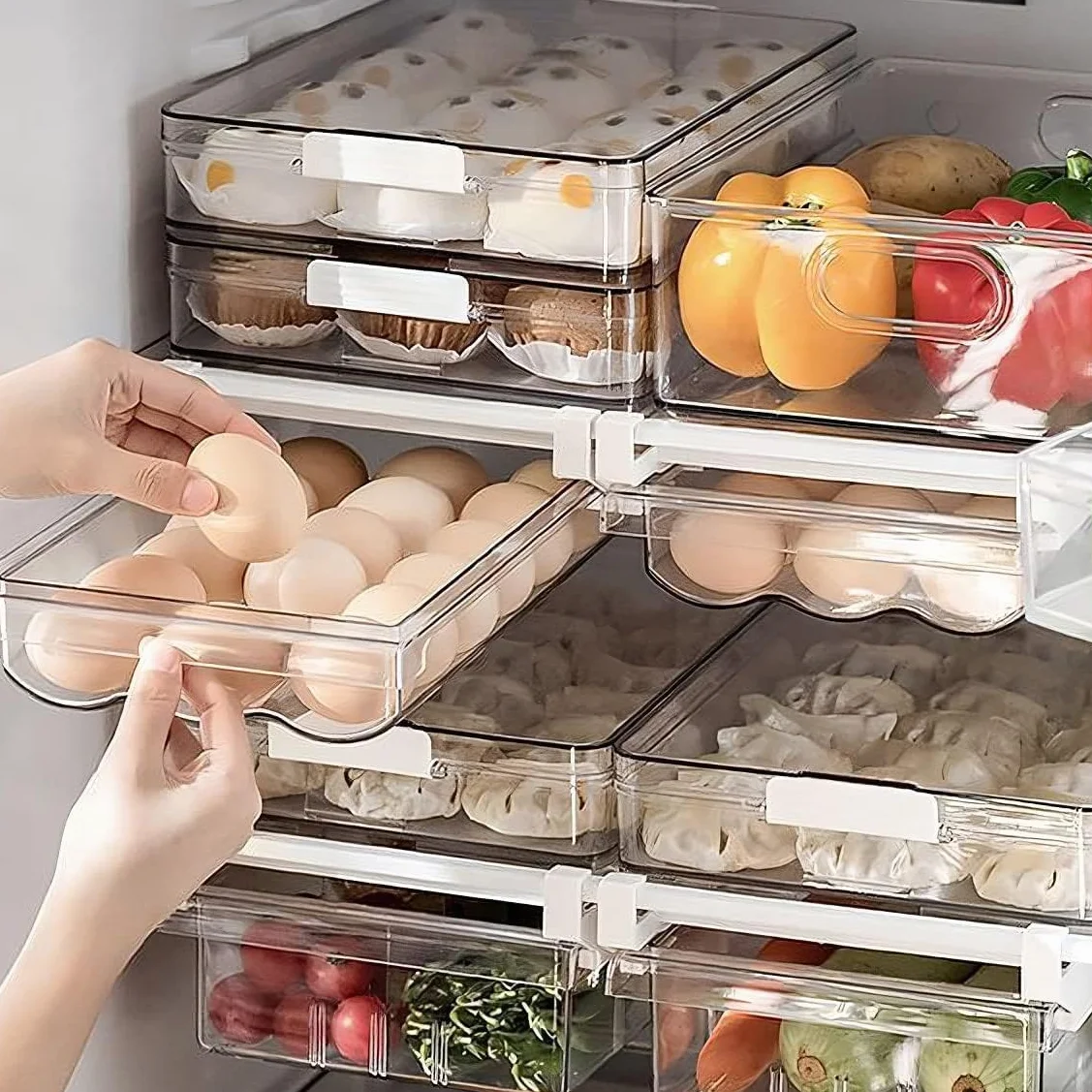 Cajones para huevos, organizador de huevos extraíble para frigorífico, cajas de almacenamiento de huevos extensibles con riel deslizante y asa, caja de almacenamiento para frigorífico, congelador