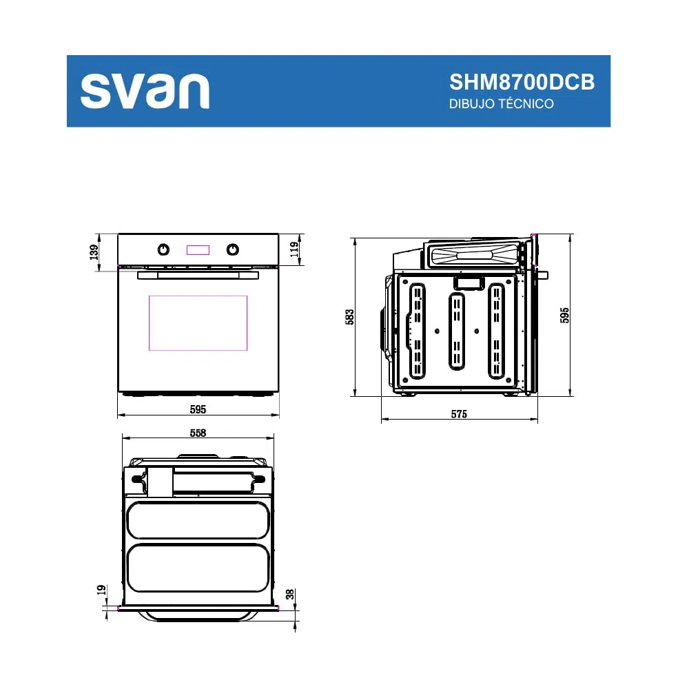 Svan Horno Multifunción Con Ventilador Cristal blanco SHM8700DCB. Capacidad 70 Litros, 3000 W, 8 Programas, Interior Esmaltado, Fácil Limpieza, Display LED Manual, Eficiencia Energética Clase A