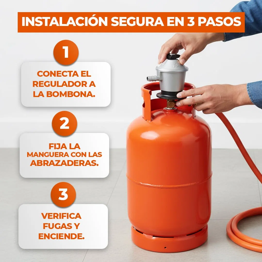 REPORSHOP Kit Regulador Gas Butano Homologado con Seguridad para Cocina - Regulador de Gas Butano con Manguera Butano 1,5 m Fácil Instalación - Goma Gas Butano con Abrazaderas para Propano