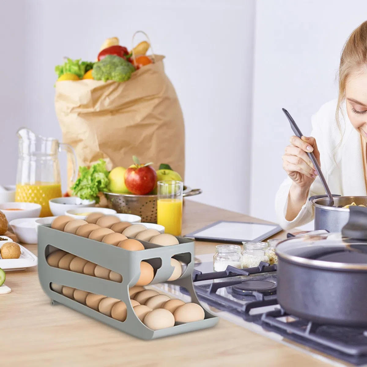 Contenedor de huevos para refrigerador,Dispensador automático de huevos con ruedas,Dispensador de huevos para frigorífico de 3 niveles y doble - Distribuidor de huevos que ahorra espacio para apartame