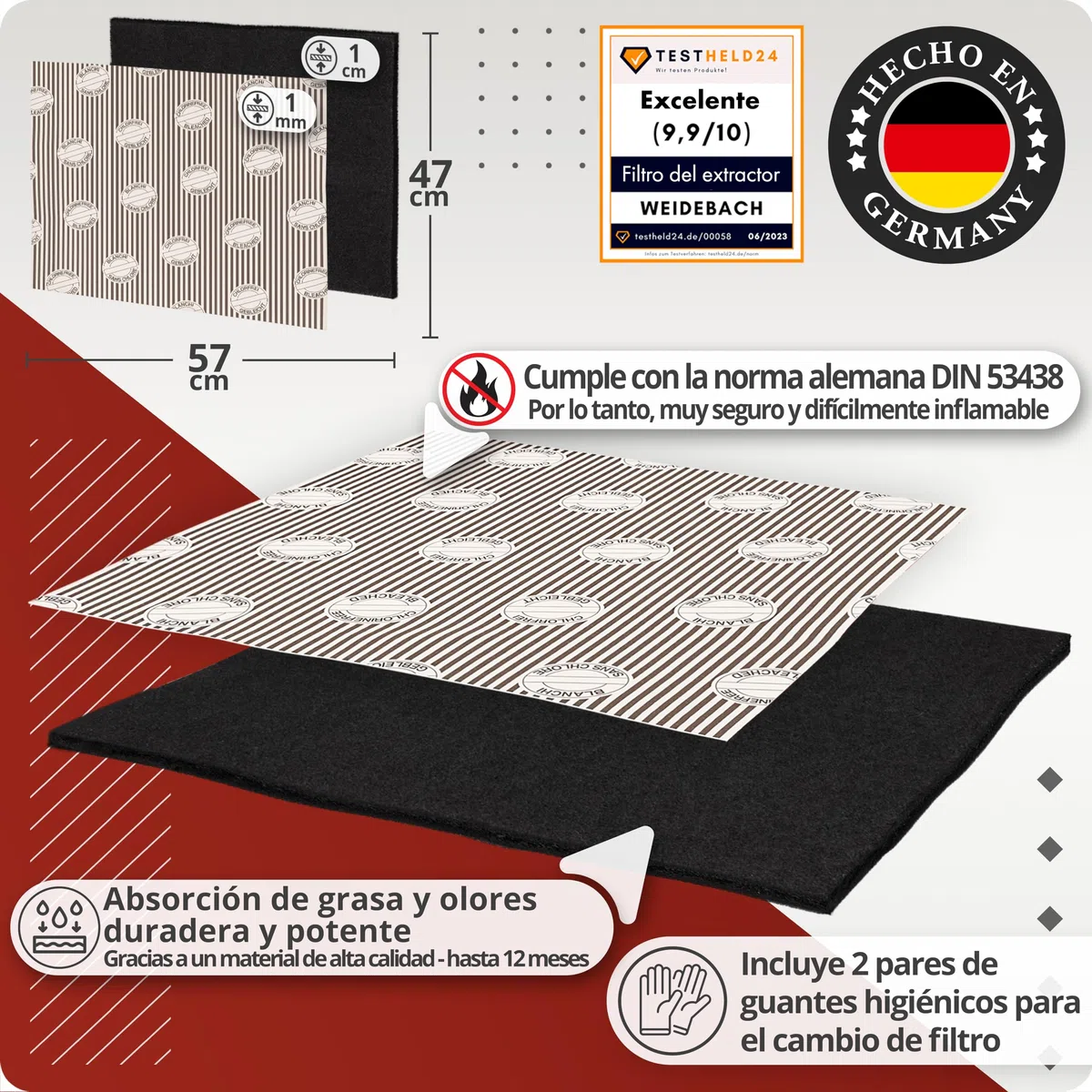 WEIDEBACH® 2x Juego de filtros 2 en 1 para campanas extractoras con CARBÓN ACTIVO y FILTRO DE GRASA, 57x47 cm [recortables] – solo 1,2 cm de grosor –, filtros para campanas extractoras, filtro
