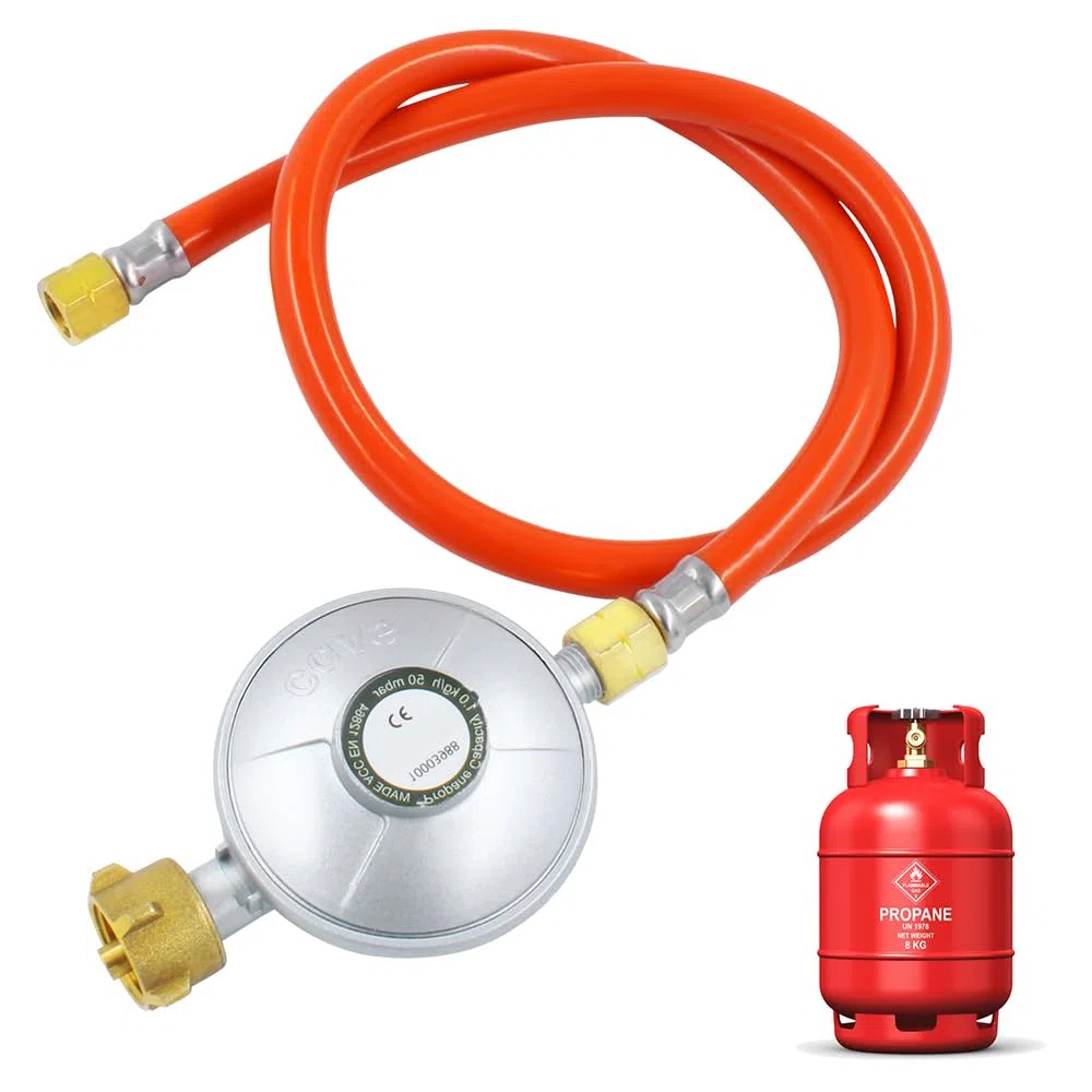 Regulador de presión de Gas 50 mbar, regulador Ajustable de Botella de propano con Manguera de Gas de 150 cm y Rosca Universal giratoria de 1/4 Pulgada