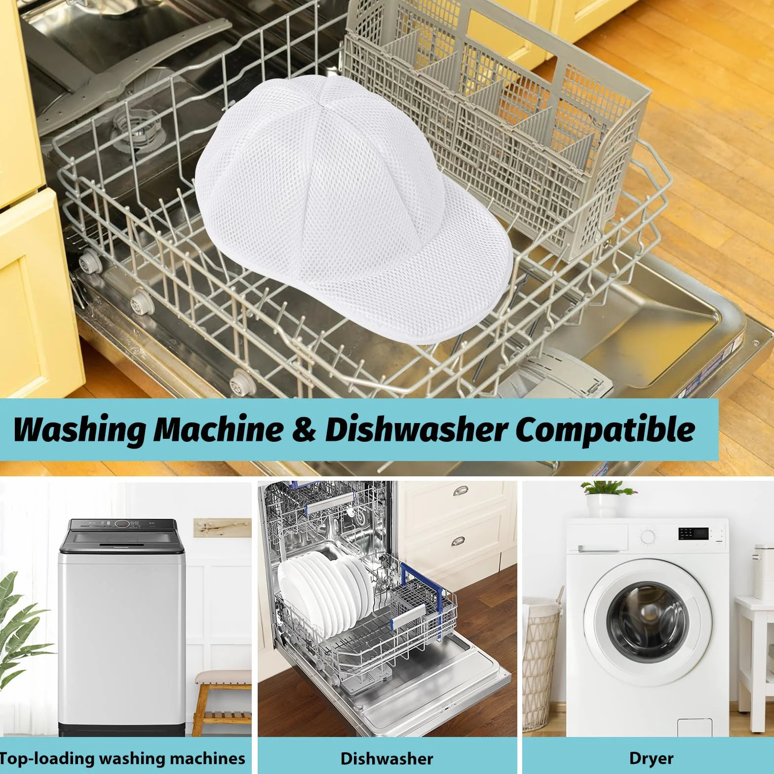 Coopache Soporte para Lavar Gorras Lavadora, Jaula Funda para Lavadora de Sombreros en Lavadora, Arandela Limpiador de Gorras de Béisbol, Bolsa Protectora de Lavandería (Blanco 2 Piezas)