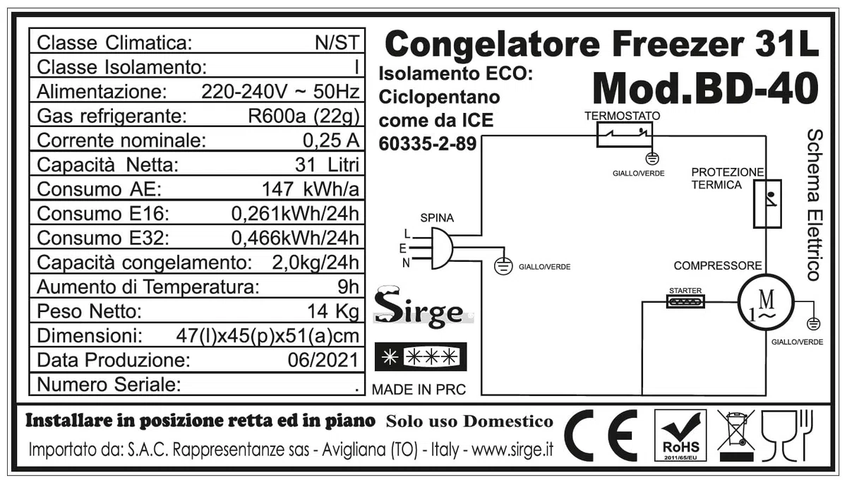Sirge Freezer - Mini nevera de bar de 31 litros, compacta, clase energética E (ex A++), función frigorífico