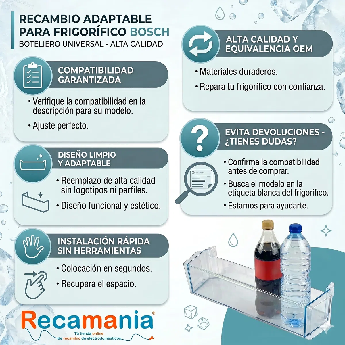 Estante Botellero Frigorífico Compatible con BOSCH 00709646 | Sustituye 00744473, 00705901, 0070475
