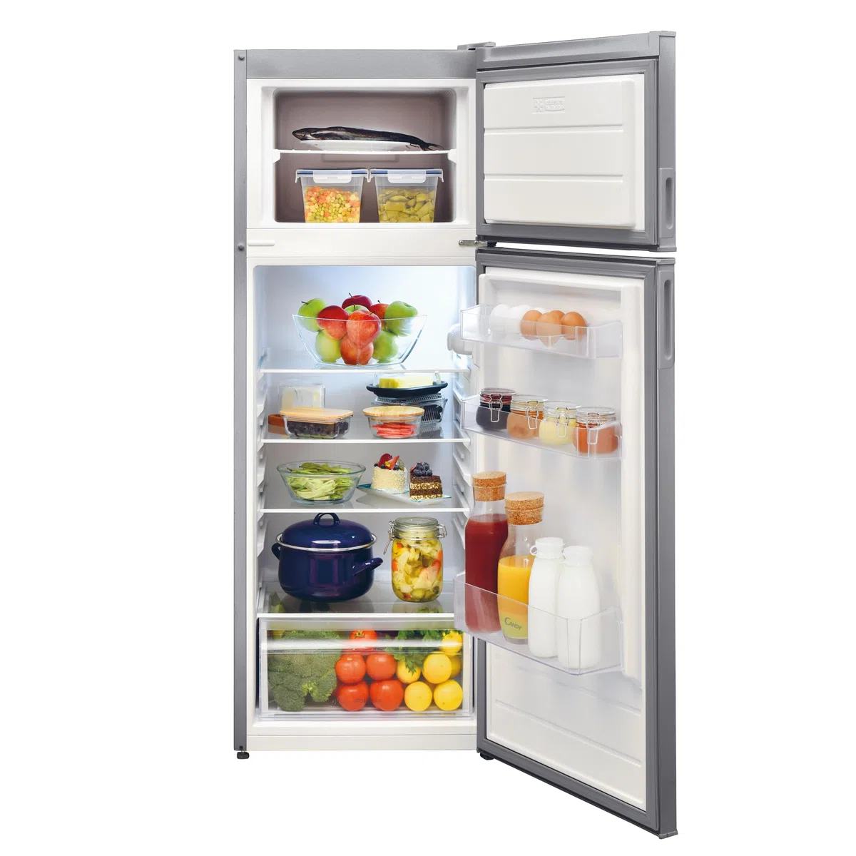 CANDY CMDDS 5142XN, Frigorífico Dos Puertas, 55CM, 204L, Tecnología Estática, Cajón Verdulero, Control Temperatura Interno, LED, Puertas Reversibles, Altura Ajustable, Ruedas, 40DB, Clase F, Inox