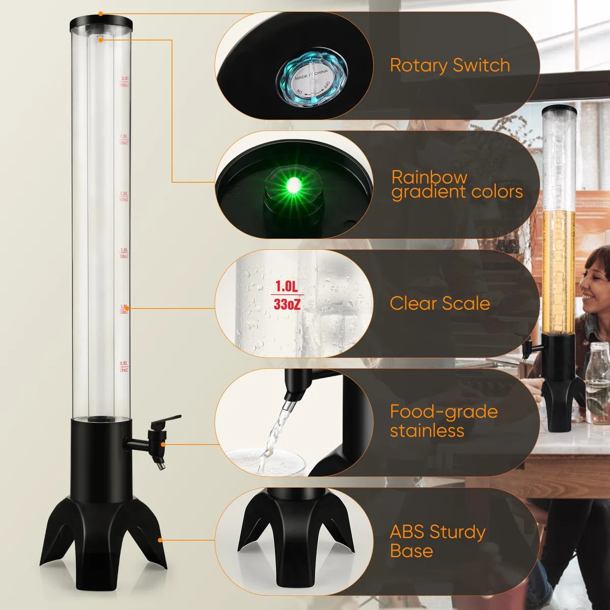 Mimosa Tower, dispensador de torre Mimosa de 3 L/100 onzas con tubo de hielo y luz LED, dispensador de cerveza de mesa (3 unidades)