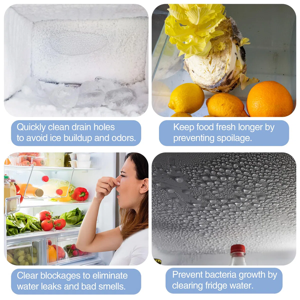 12 Piezas Kit de Limpieza de Refrigerador, Herramientas de Limpieza Frigorífico con Jeringa, Cepillo Limpieza, Manguera, Pala de Descongelación, 4 Tapones para Orificios de Drenaje de Nevera