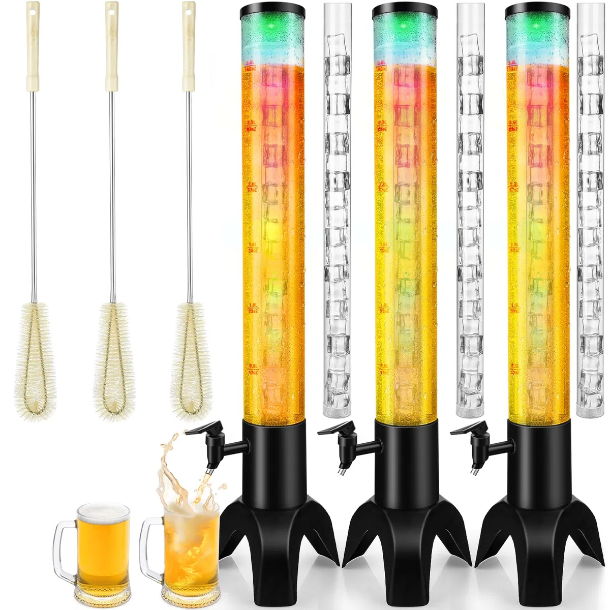 Mimosa Tower, dispensador de torre Mimosa de 3 L/100 onzas con tubo de hielo y luz LED, dispensador de cerveza de mesa (3 unidades)