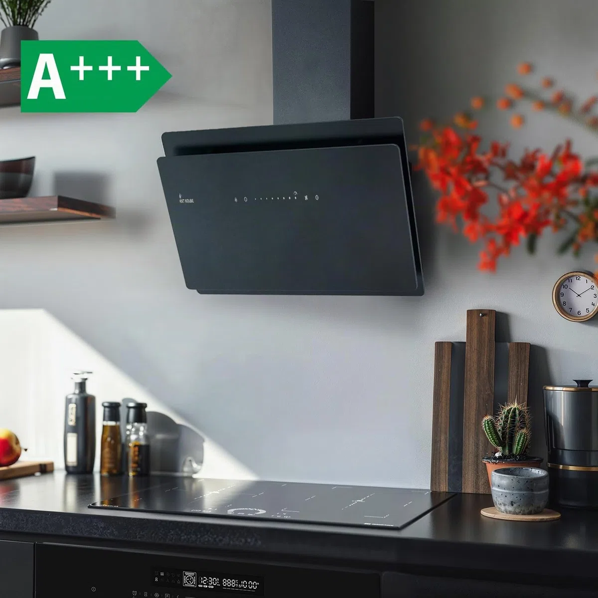 KKT KOLBE A+++ Campana extractora de 80 cm 782 cbm/h, recirculación, sin cabeza, campana de pared | cristal negro | automático | aplicación WiFi inteligente | SensorTouch | iluminación LED RGBW |