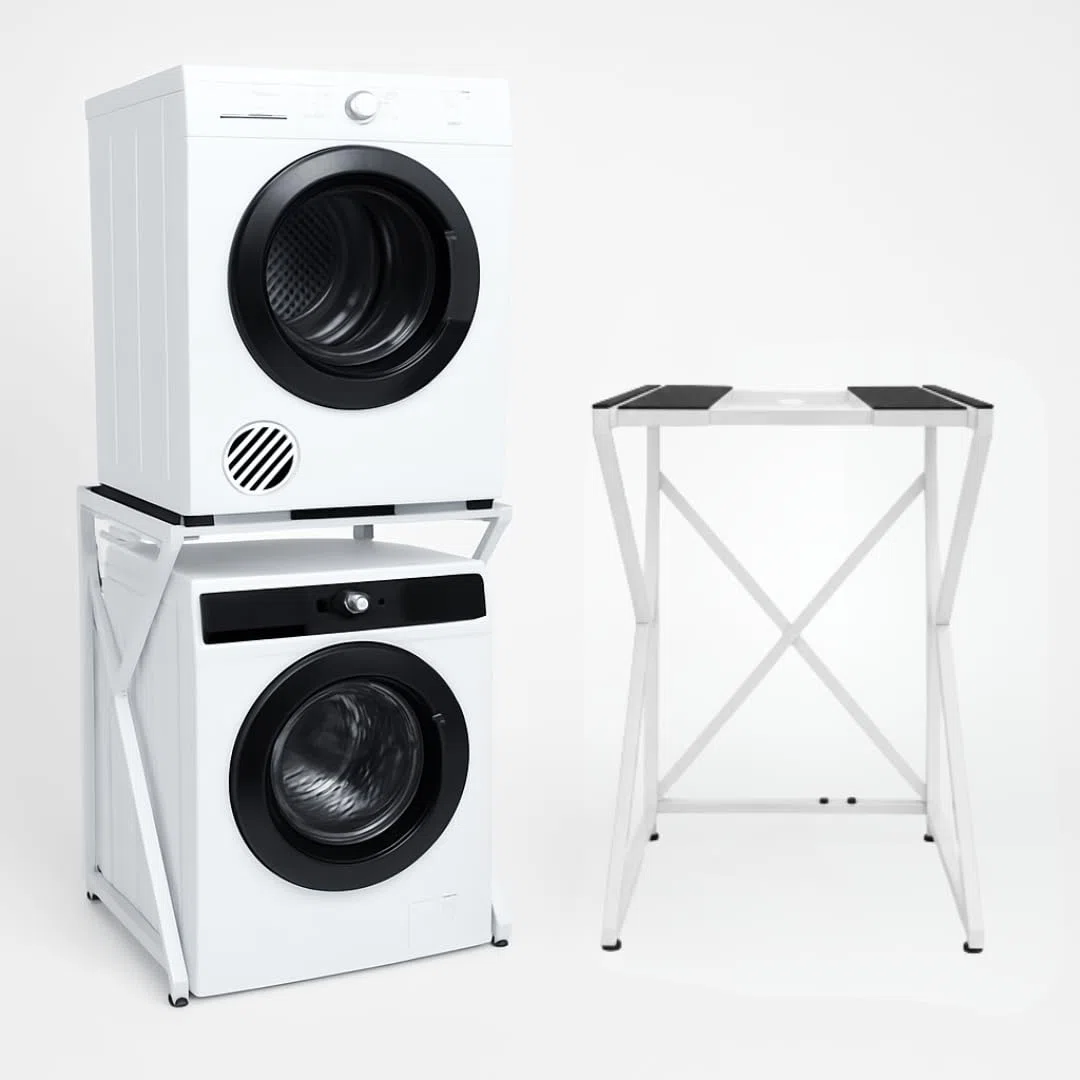 Maxi – Kit apilable universal para lavadora y secadora | Estructura ajustable (72–82 cm), Capacidad 100 kg | Sin taladros, Antivibración, Ahorro de espacio