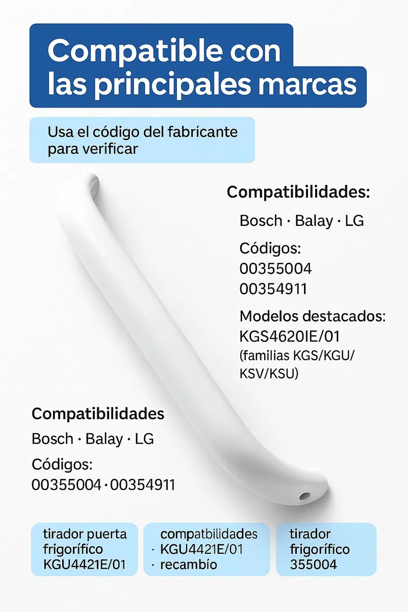 RECAMBIOS DREYMA Tirador Puerta Frigorifico 365 mm 1 Agujero Blanco Codigo 00355004 00354911 Compatible con Bosch Balay LG KGS4620IE01 KGU4421IE01 Repuesto Asa Curva Montaje Preciso Garantia