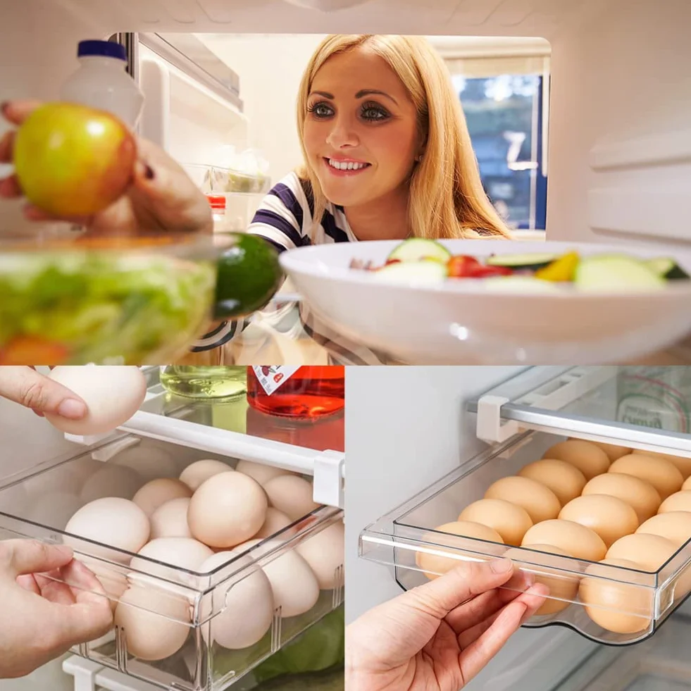 RANJIMA Organizador Frigorifico Transparente, Huevera para Refrigerador 21 Huevos, Bandeja para Huevos Transparente con Riel Deslizante Mango Cajón Porta Huevos para Cocina Frigorífico Panadería