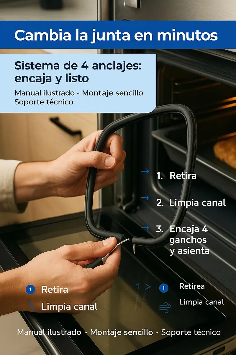 RECAMBIOS DREYMA Junta Puerta Horno Universal 410x290mm 4 Ganchos CO 83130601 Compatible con Teka HC510 HC521 HC605 HC615 HS510 Goma Resistente Alta Temperatura Fácil Sustitución