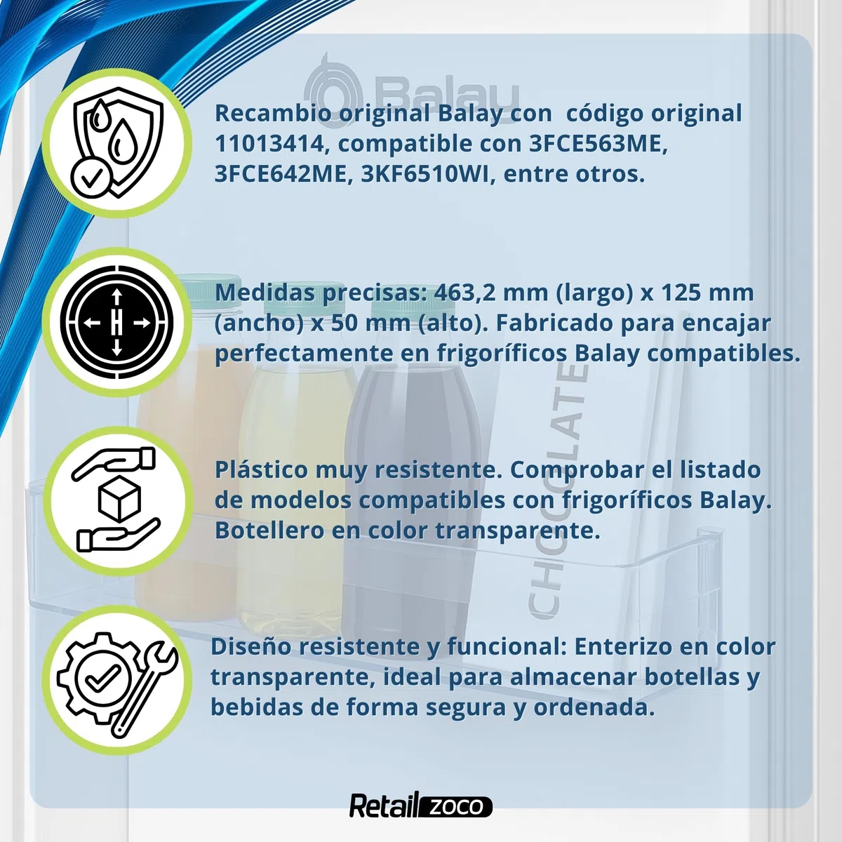 Estante Botellero Frigorífico compatible con Balay, Botellero superior para la nevera, código original 11013414, compatible con 3FCE563ME, 3FCE642ME, 3KF6510WI, entre otros