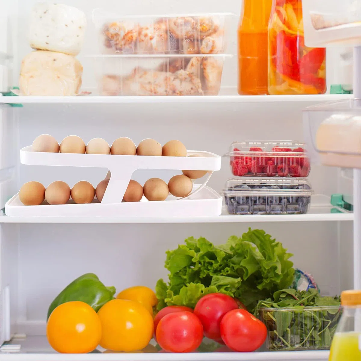 Organizador Huevos Nevera Porta Huevos Nevera para Refrigerador Dispensador de Huevos con Soporte Rodante de 2 Niveles Contenedores de Almacenamiento para 12-14 Huevos