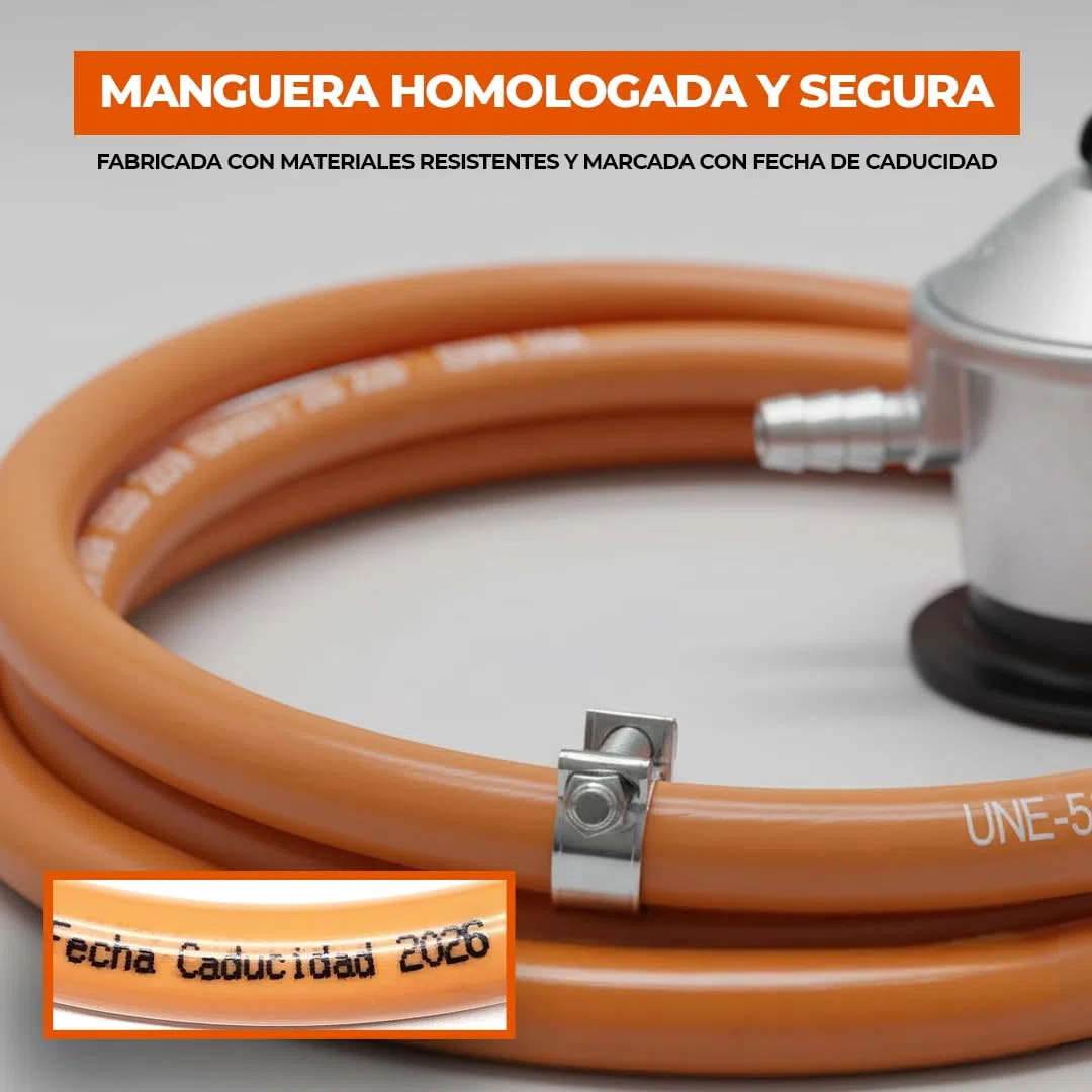 REPORSHOP Kit Regulador Gas Butano Homologado con Seguridad para Cocina - Regulador de Gas Butano con Manguera Butano 1,5 m Fácil Instalación - Goma Gas Butano con Abrazaderas para Propano
