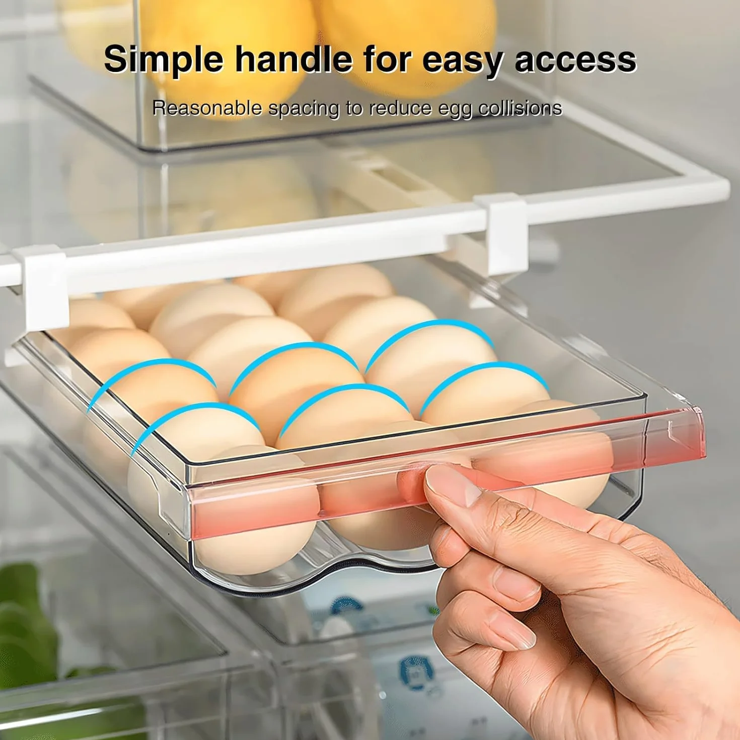Cajones para huevos, organizador de huevos extraíble para frigorífico, cajas de almacenamiento de huevos extensibles con riel deslizante y asa, caja de almacenamiento para frigorífico, congelador