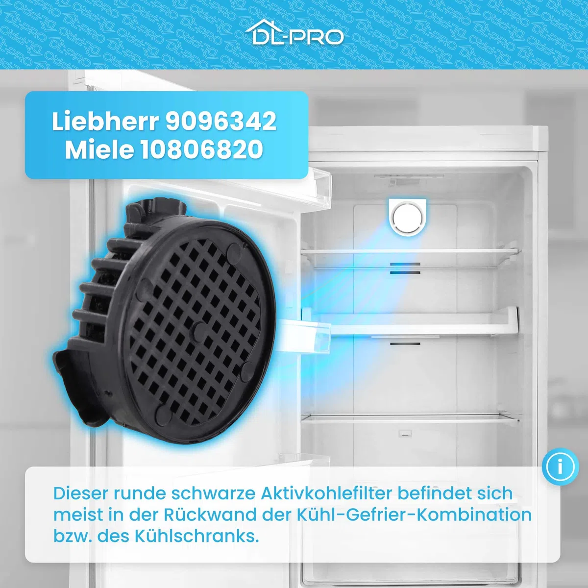 DL-pro Filtro de carbón activado Filtro redondo adecuado 45mm para Liebherr 9096342 para la combinación de refrigerador y congelador frigorífico